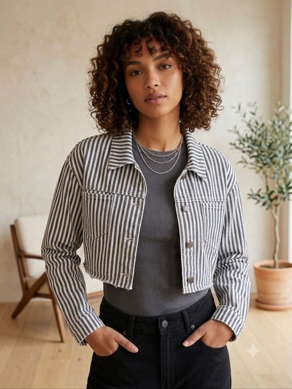 Native Daughters Lightweight Cropped Denim Jacket Striped Size L Dark Gray White